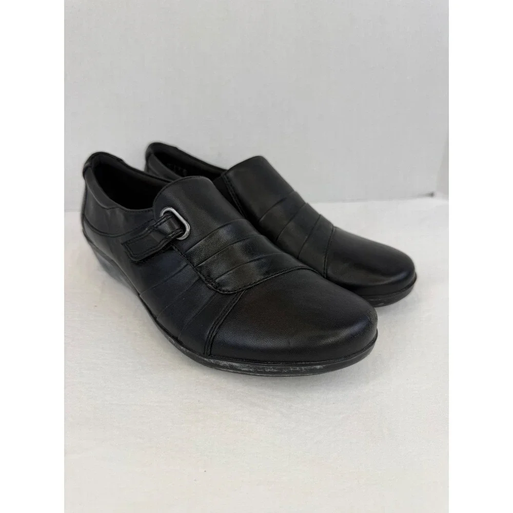 Clarks Collection Black Leather Pleated Hook Loop Strap Loafers Womens 8.5‎ M